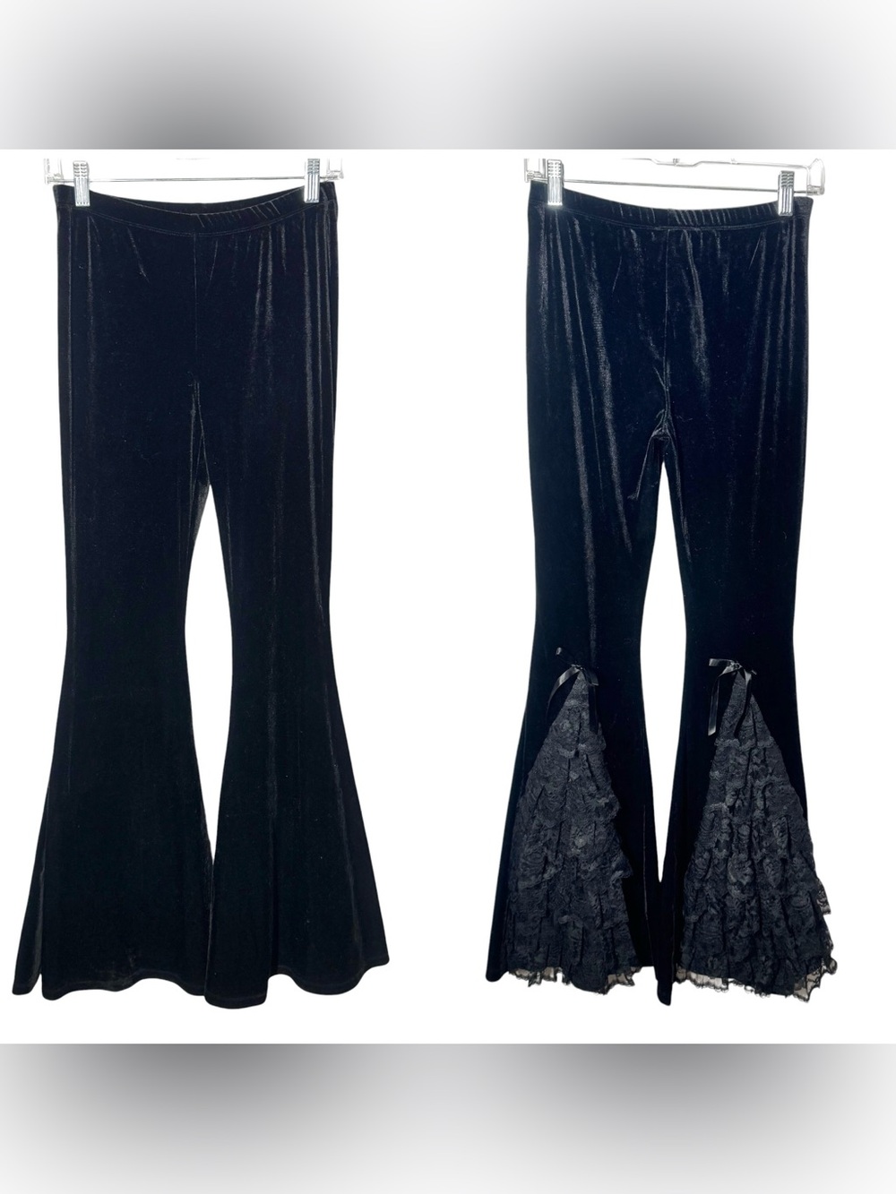 Dolls Kill Widow Crushed Velvet Black Flare Pants Small Lace Goth Bell Bottoms M